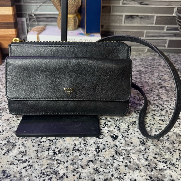 Fossil Handbags - Fossil Black Cow Hide Leather Crossbody Bag with Gold Accents
